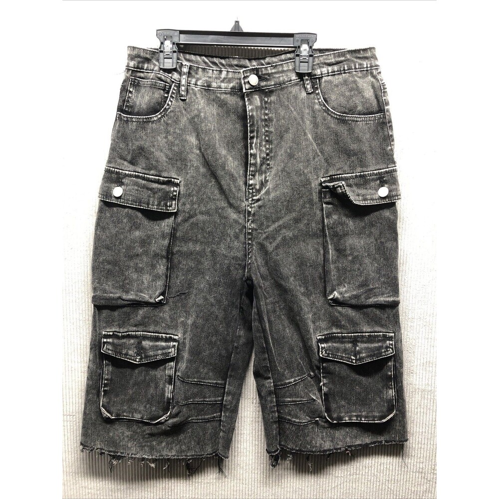 Daisy Denim Cargo Shorts Womens 1X Black Acid Wash Cut Off Distressed Grunge Y2K